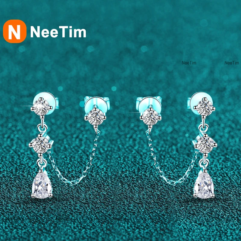 NeeTim Voll-Moissanit-Ohrstecker-Kettenohrringe für Damen Funkelnde Labor-Diamantohrringe 925 Sterling Silber Damen-Ohrringe Schmuck