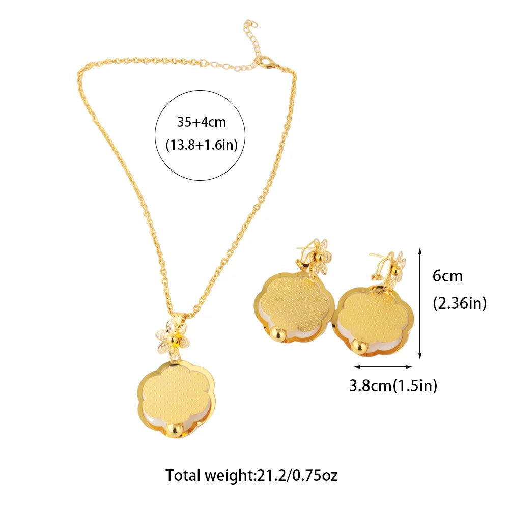 Afrikanisches Goldfarbenes Damen-Halsketten- und Ohrringe-Set im Trend Dubai Blumen-Hohl-Schmuckset Geschenk für Party, Hochzeit, Alltag