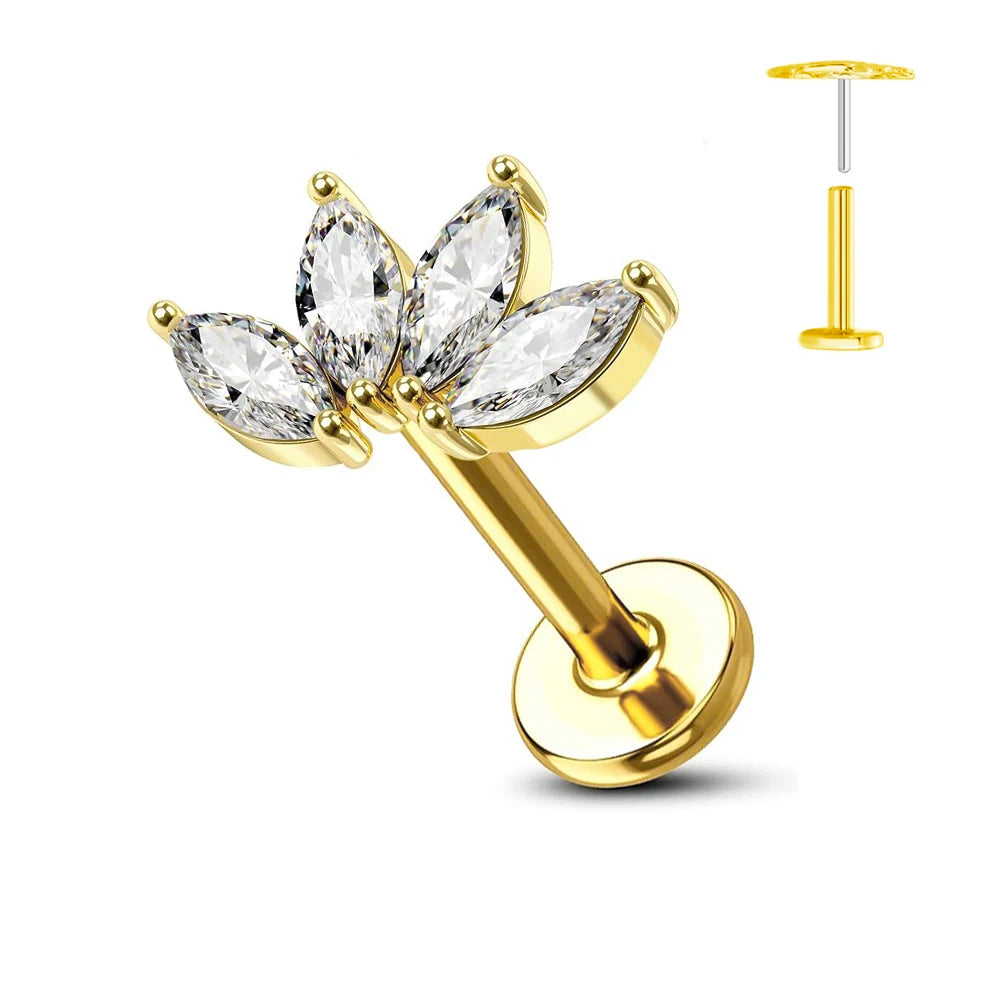 ASTM F136 G23 Titan Blume Threadless Ohrring Piercing Blütenblätter Blatt Herz Schmetterling Pin Daith Conch Push-in Labret Stecker
