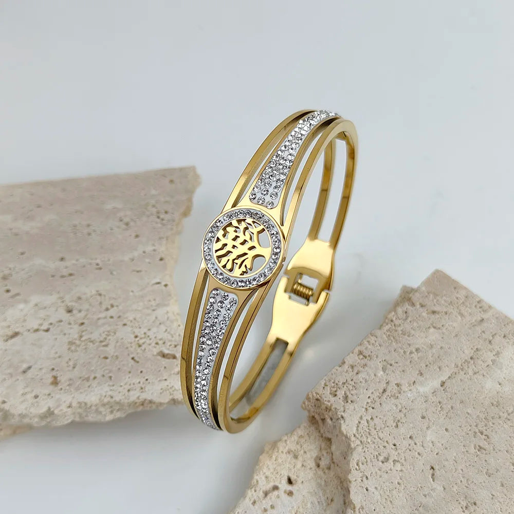 Luxus-Edelstahl-Lebensbaum-Armreif für Frauen und Männer, Kristall-Zirkon-Armband, Silber-Gold-Farbe, Handgelenkschmuck-Accessoires