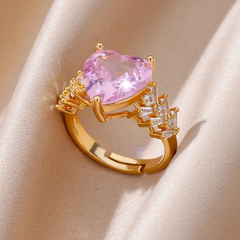 Goldfarbener Edelstahlring für Frauen Bunter Zirkonia Herz Öffnender verstellbarer Ring Modeschmuck Hochzeitsgeschenk