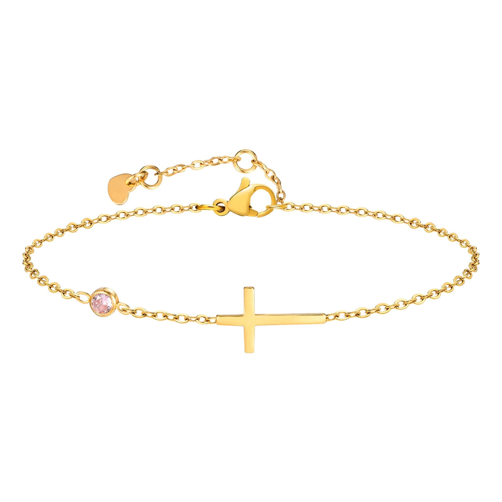 Geburtsstein Zirkonia dünnes Kettenarmband Kreuz Edelstahl Damen verstellbares geschichtetes Armband