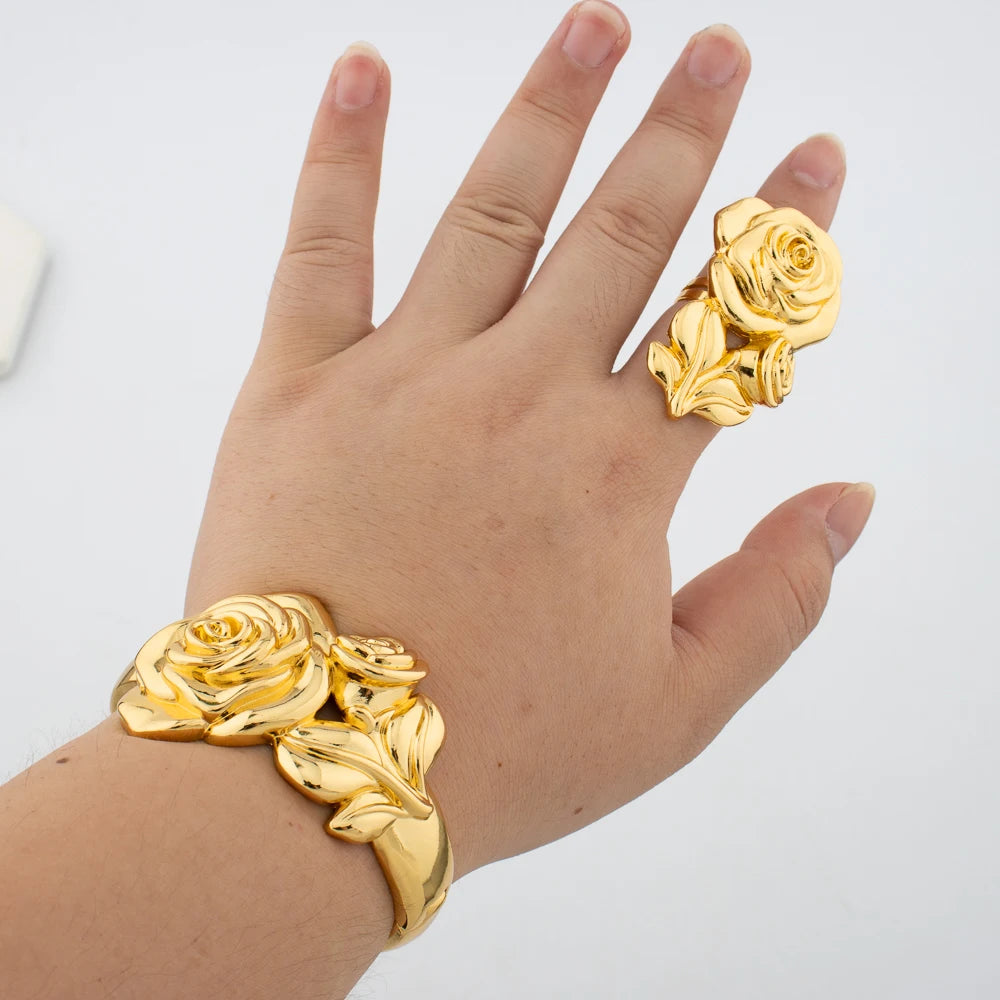 Leoparden-Design Armreif und Ring Schmuckset Vergoldet Afrikanisches Armband Verstellbarer Ring Hochzeiten Brautschmuck Accessoires