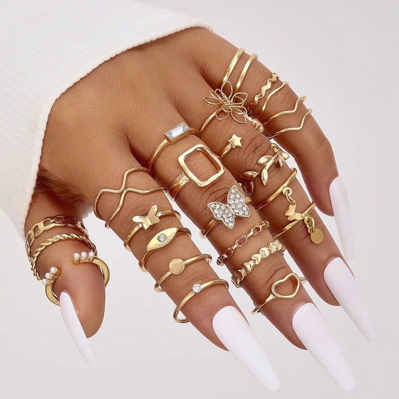 47 Teile/Set Vintage Goldfarbe Herzringe Set Für Damen Herren Hohl Schmetterling Perle Kristall Geometrische Ringe Trendiger Fingerschmuck