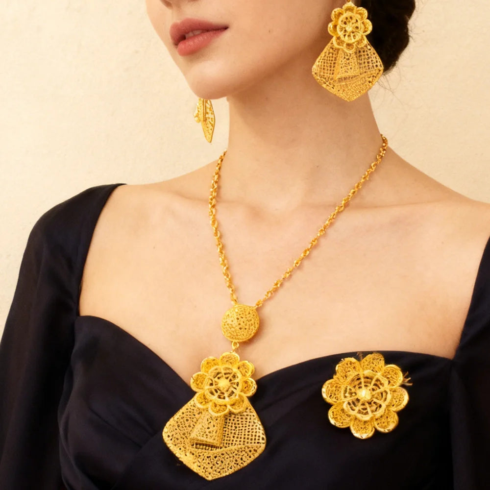 24 Karat goldfarbenes Party-Halskette-Ohrringe-Ringe-Set, luxuriöse Goldschmuck-Sets für Damen, Hochzeitsfeier-Accessoires