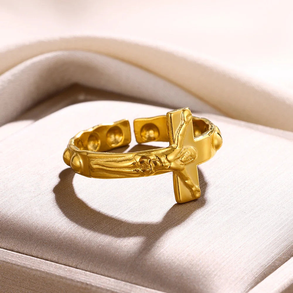 Vintage Jesus Kreuzringe für Damen Herren Goldfarbe Edelstahl Jesus Kreuz Verstellbarer Ring Religiöser Party Schmuck Geschenk