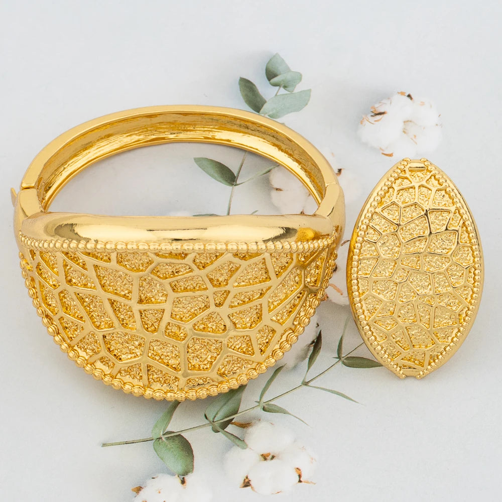 Großer Creolen-Armreif für Damen, Blumen, italienischer Dubai-Goldschmuck, Armband-Ring-Set, luxuriöses Kupfer, modisches Geburtstagsgeschenk