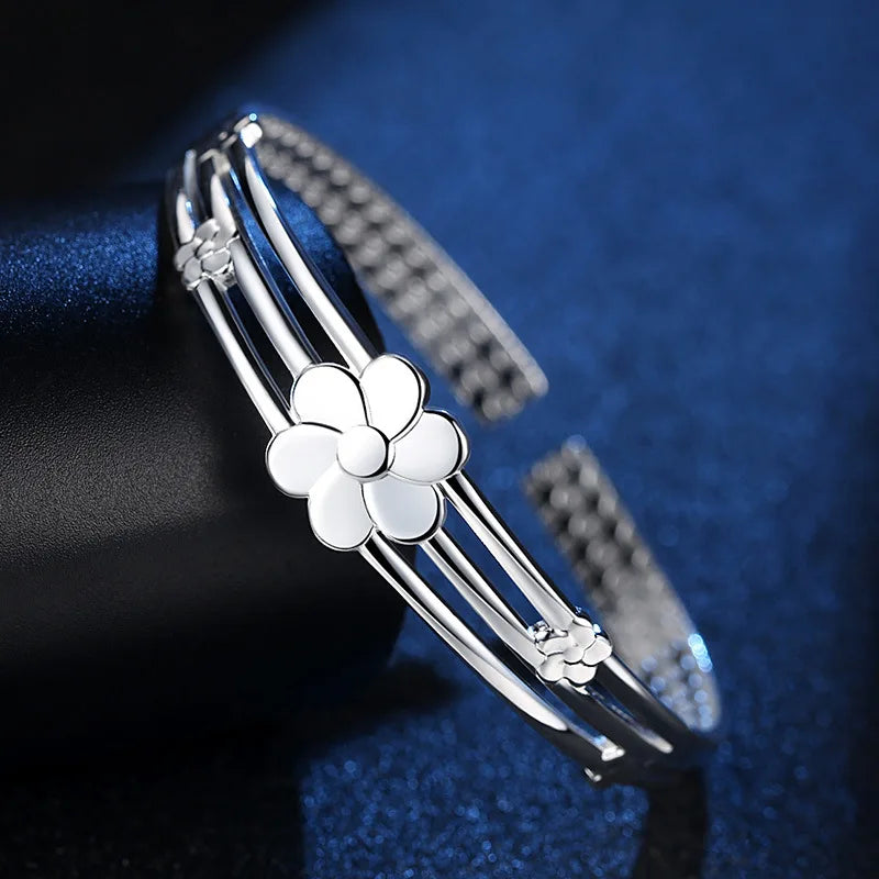 925 Sterling Silber Blumen Offener Armreif Handarmbänder Für Frauen Luxuriöser Schmuck