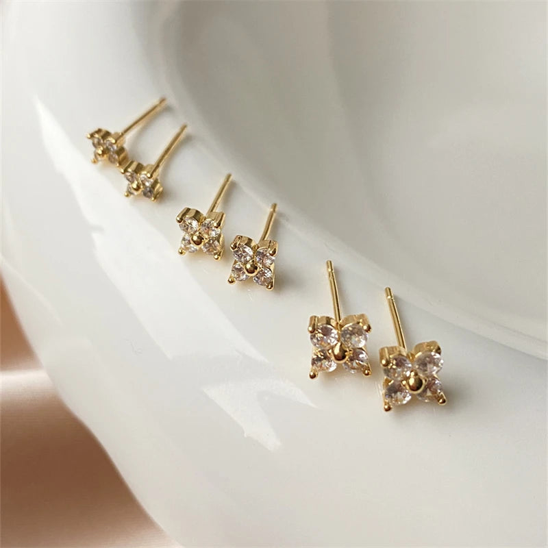 Yupsk Dainty Flower Stainless Steel Butterfly Stud Earrings for Women Cartilage Ear Ring Cute Zircon Gold Color Clover Jewelry