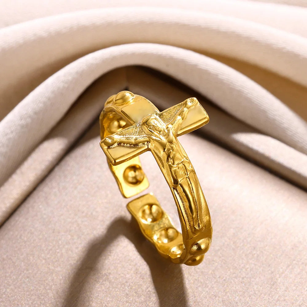 Vintage Jesus Kreuzringe für Damen Herren Goldfarbe Edelstahl Jesus Kreuz Verstellbarer Ring Religiöser Party Schmuck Geschenk