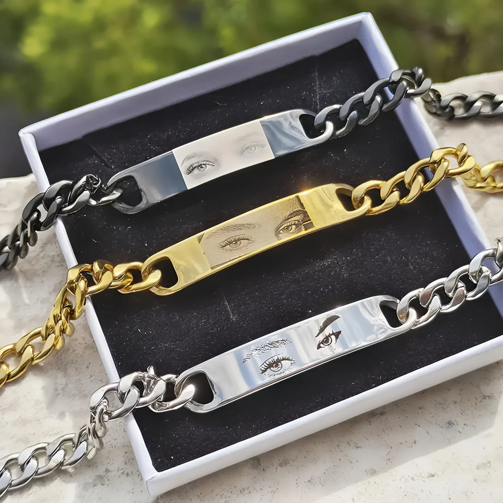 Personalisiertes Armband aus Edelstahl für Damen und Herren mit realistischer Augen-Gravur – flippiger Schmuck für Paare mit Foto
