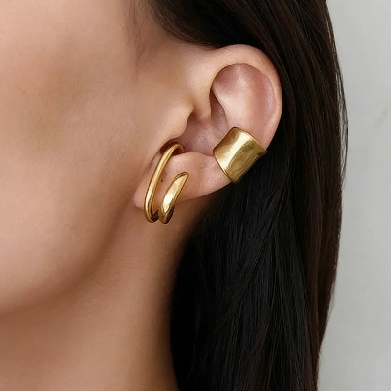 Vintage Fake Piercing Earcuff Double Circle Ear Cuff Faux Earrings for Women Man Hiphop Cuffs Earclips Accessories Korean Fashio