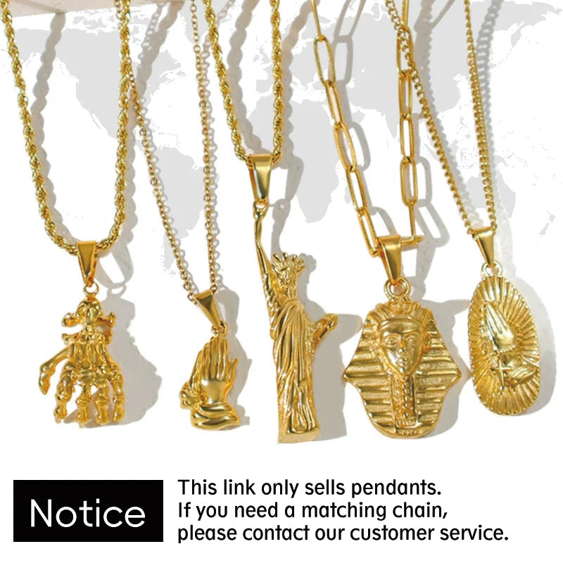 Colgante de Acero Inoxidable Chapado en Oro de 18K Retrato de Faraón Egipcio Vintage Cráneo de León y Encantos de Mano Fantasma Joyería de Moda