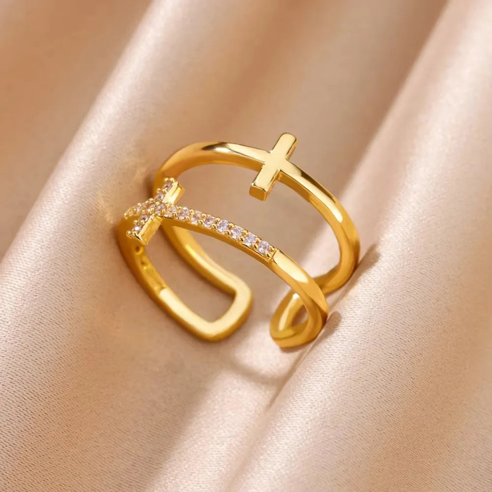 Edelstahl Kreuzringe für Frauen Vintage Gold Farbe Öffnung Kreuz Fingerring Party Hochzeit Schmuck Geschenk anillos mujer