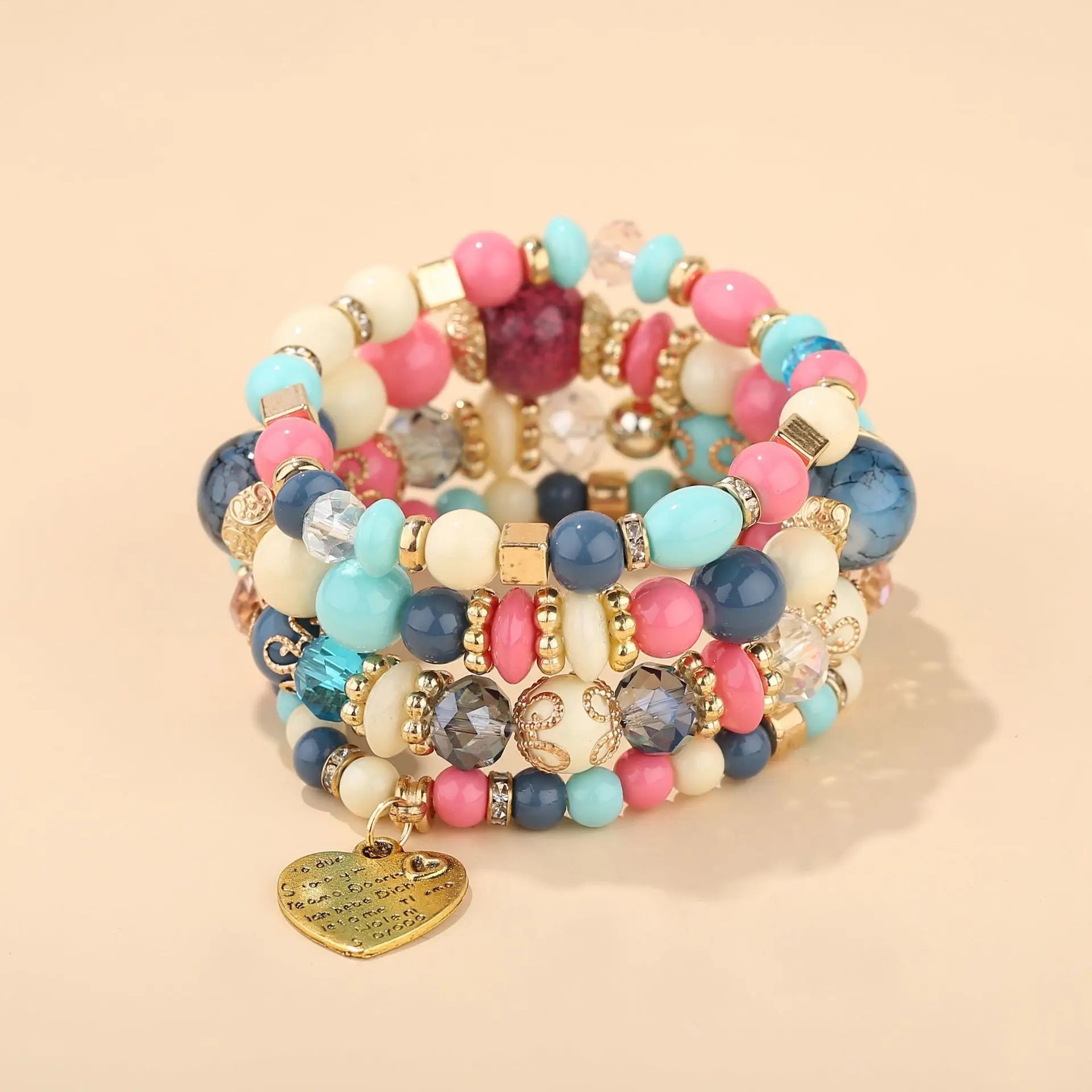 4-teiliges Set Boho Ethno Herz Perlenarmband Set für Damen Handgemachte Kristallperlenkette Armreif Weiblicher Böhmischer Schmuck Geschenk
