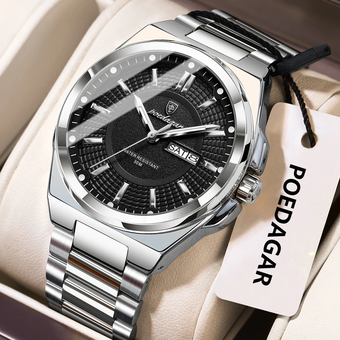 POEDAGAR Top Original Relojes de Hombre Acero Inoxidable Impermeable Luminoso Reloj de Hombre Fecha Semana Clásico de Moda Reloj de Pulsera de Cuarzo para Hombre