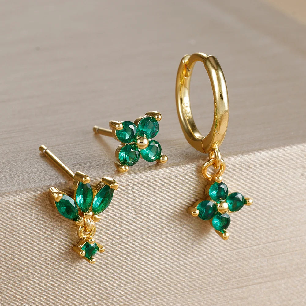 3 Paar modische orange-blaue Zirkon-Hängeohrringe für Damen, Edelstahl-Blumen-Baumelohrringe, Piercing-Schmuckset