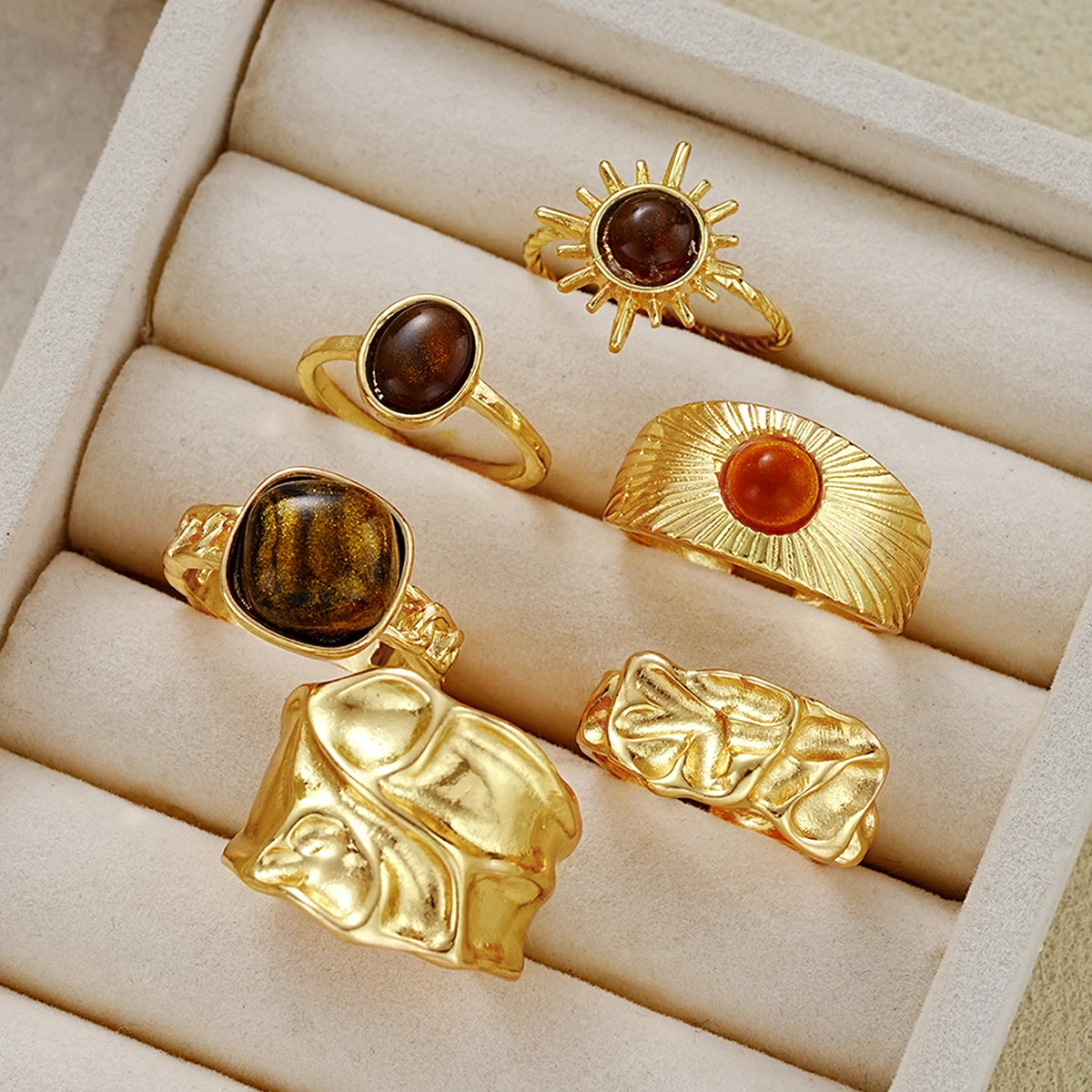 6er-Set Vintage Sonnenblumen Tigerauge Steinringe für Damen Unregelmäßige Goldfarbe Ästhetische Offene Ringe Modeschmuck Geschenke 2025