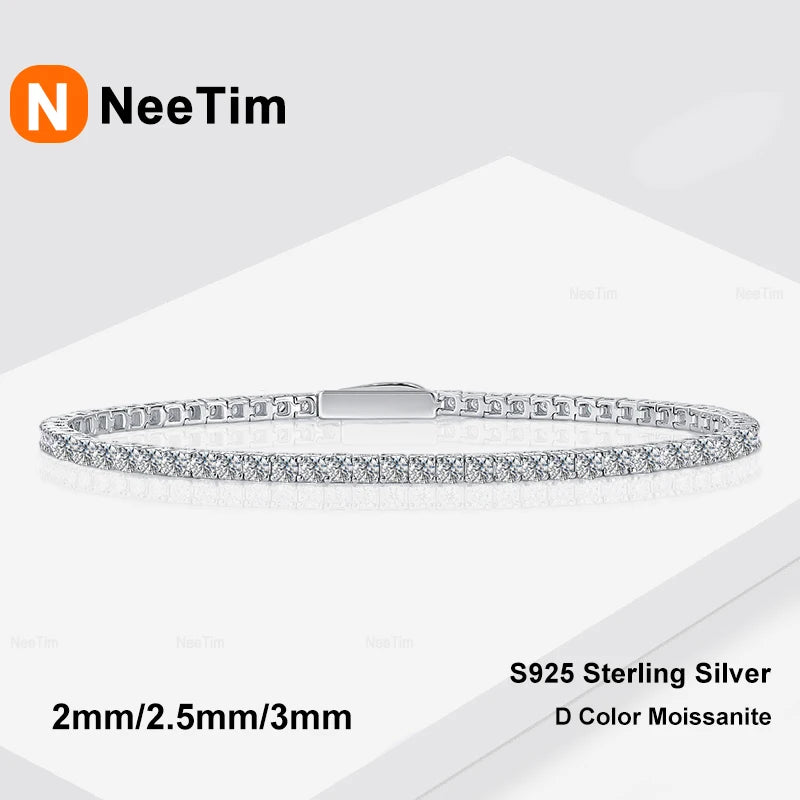 NeeTim 2mm 2.5mm 3mm 4mm Moissanit Tennisarmband 925 Sterling Silber mit Weißgold Plattiert Armbänder für Damen Herren Großhandel