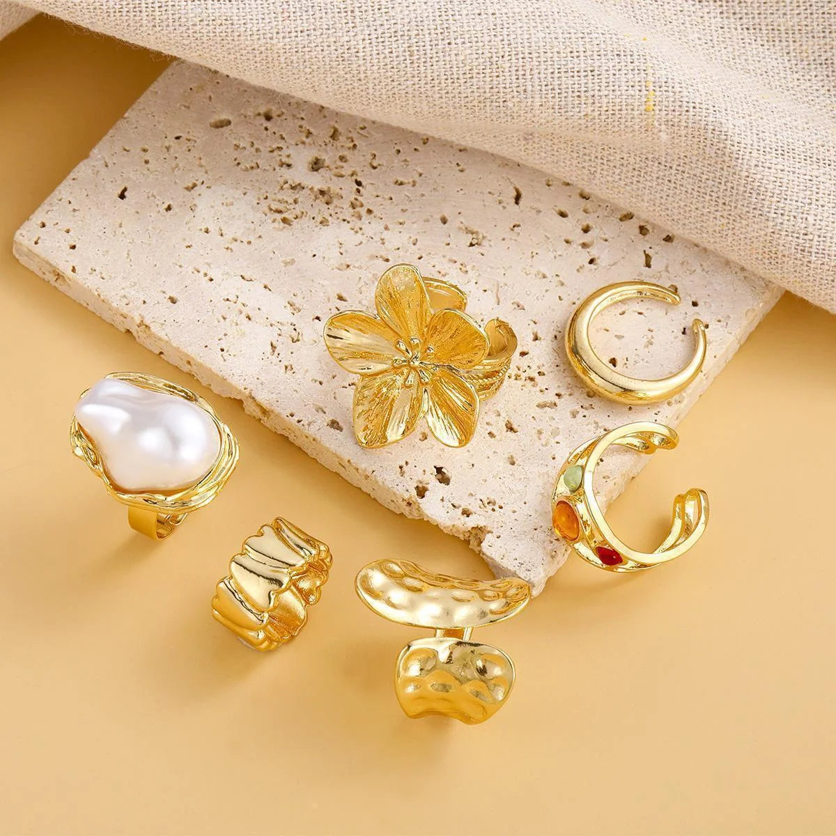6tlg/Set Vintage Metall Blumen Ring Set für Damen Punk Elegant Barock Imitationsperlen Knöchelringe Alltag Party Urlaubsgeschenke