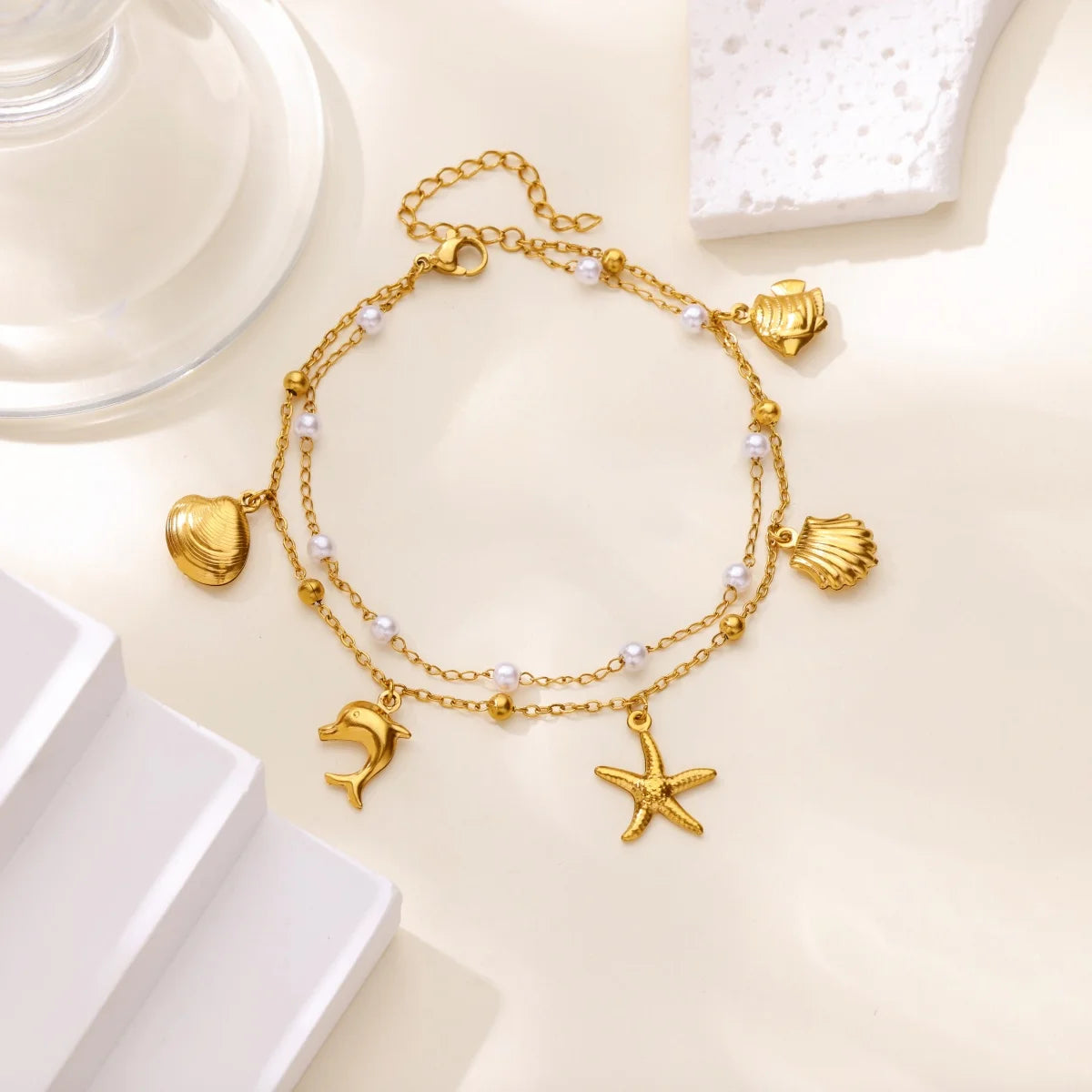 Edelstahl-Imitationsperlen-Fußkettchen für Damen, goldfarbene Kette, Knöchel-Armband, Fußkettchen, Sommer-Strandschmuck-Accessoires, Geschenk