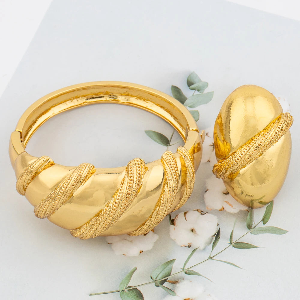 Großer Creolen-Armreif für Damen, Blumen, italienischer Dubai-Goldschmuck, Armband-Ring-Set, luxuriöses Kupfer, modisches Geburtstagsgeschenk