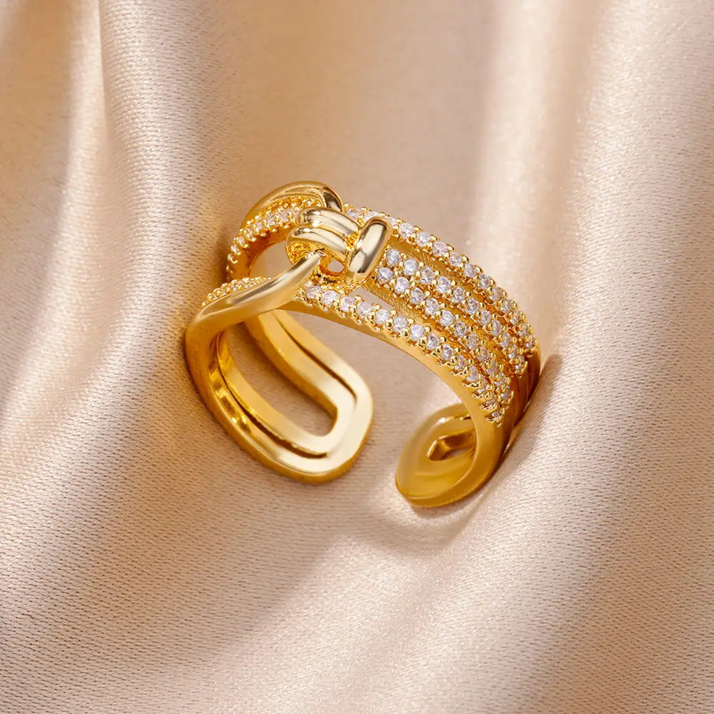 Anillos de acero inoxidable de color dorado a la moda para mujer, cadena hueca de cristal de circón, joyería para dedo, regalo 2023, anillos mujer