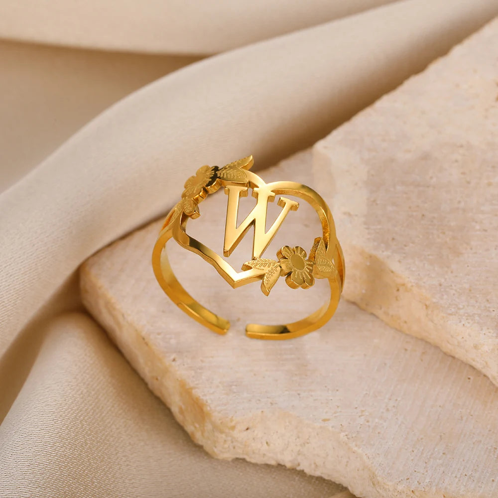 Edelstahl Initialen Buchstaben Herzringe für Frauen Mädchen Goldfarben Blumen Alphabet Ring Mode Valentinstags Schmuck Geschenk