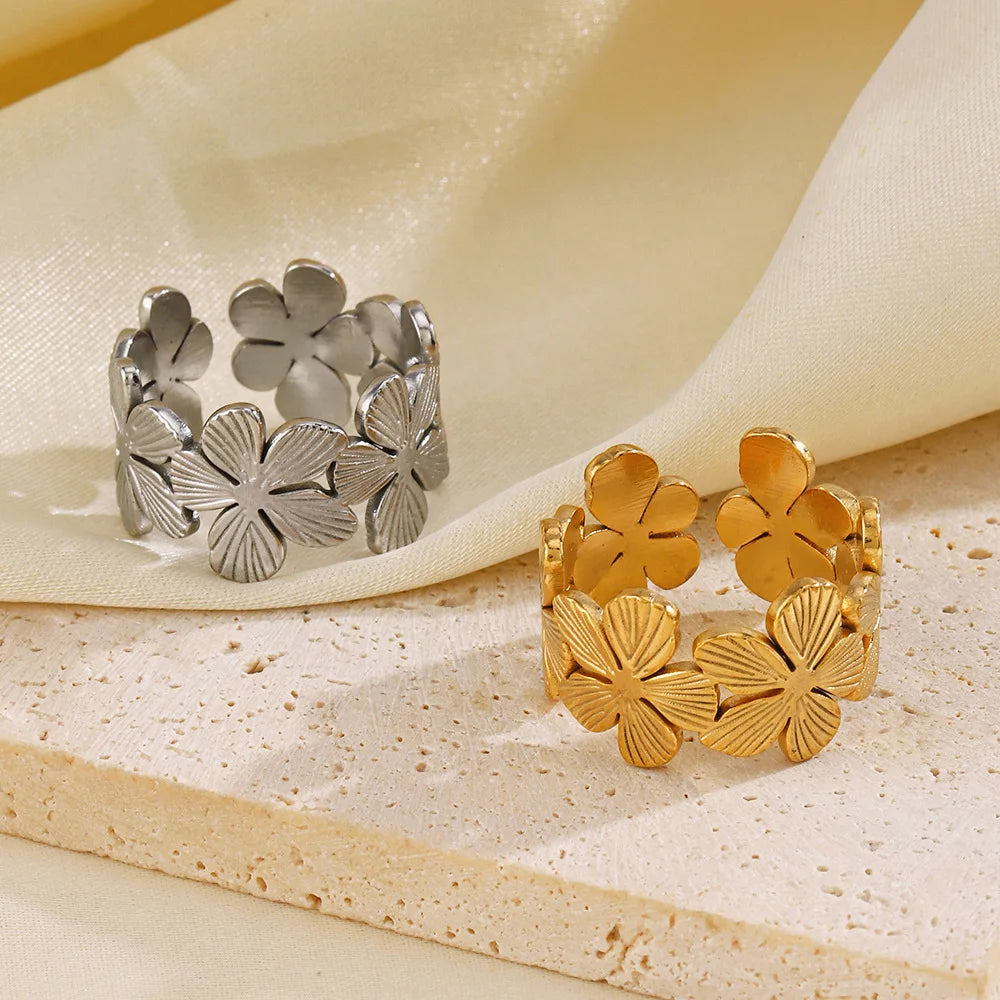 Stainless Steel Flower Adjustable Opening Rings 18k Gold PVD Plated Waterproof Finger Jewelry For Women Wedding Exquisite Gifts