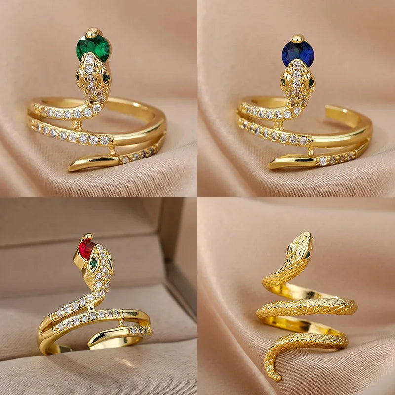 Edelstahl Schlangenringe für Damen Herren Goldfarben Offen Verstellbar Zirkon Ring Vintage Gothic Ästhetischer Schmuck anillos mujer