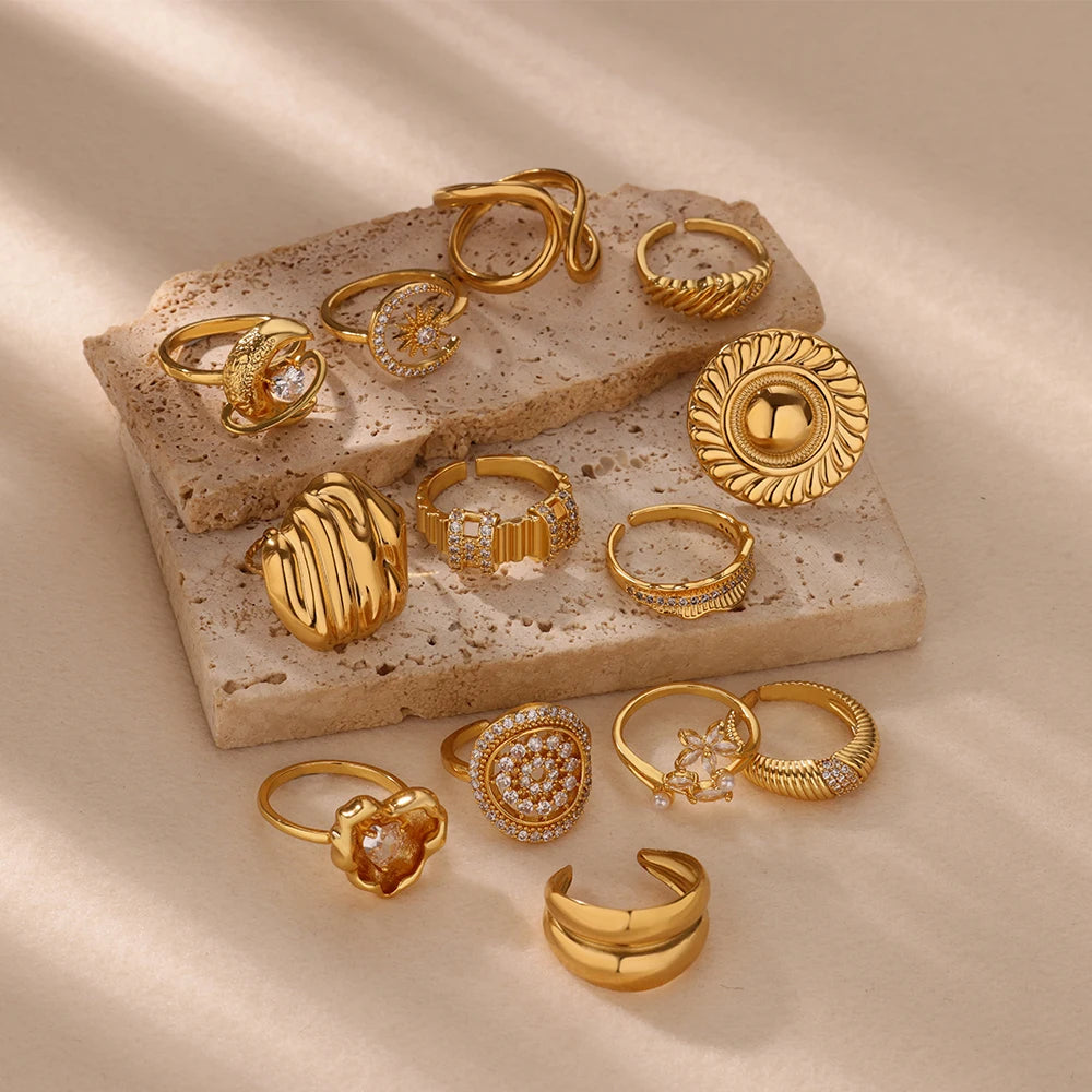 Goldfarbene Edelstahl Geometrische Ringe für Frauen Zirkon Herz Sonne Mond Offener Ring Mode Ästhetischer Schmuck Hochzeitsgeschenk