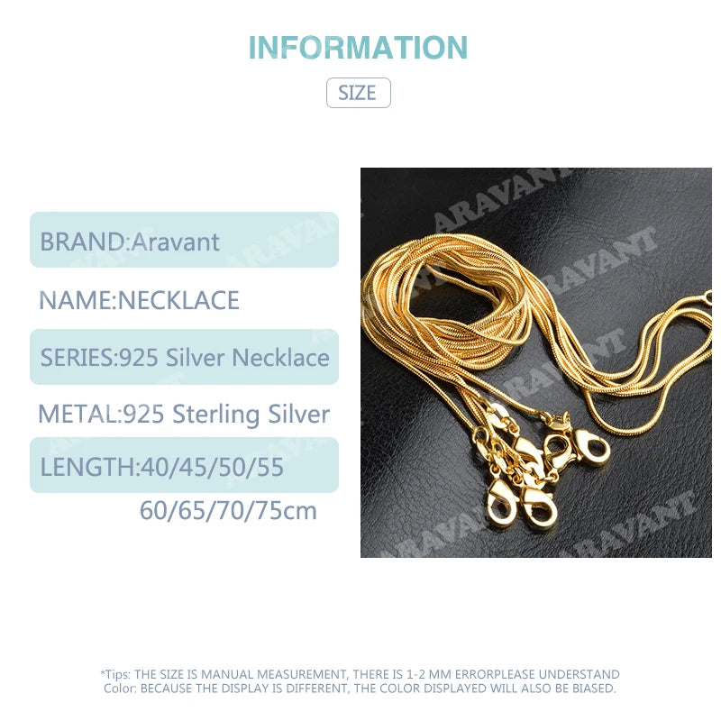 Aravant Collar de cadena de serpiente de plata de ley 925 y oro de 18 quilates de 1 mm y 45-75 cm para mujer, joyería de moda para fiestas y bodas