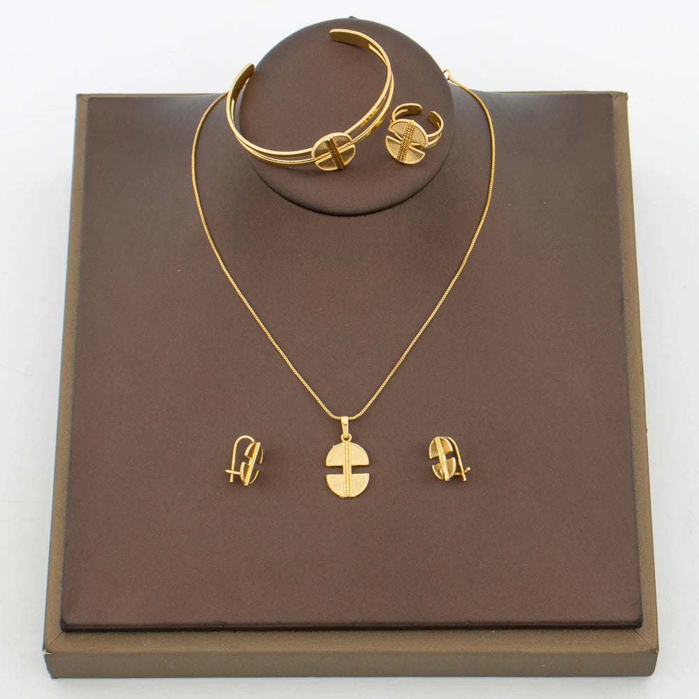 Elegantes Mädchenschmuck-Set für Partys, Kupfer-Goldfarbene Halskette und Creolen und Halsketten-Armreif-Ring-Set für Hochzeitsgeschenke