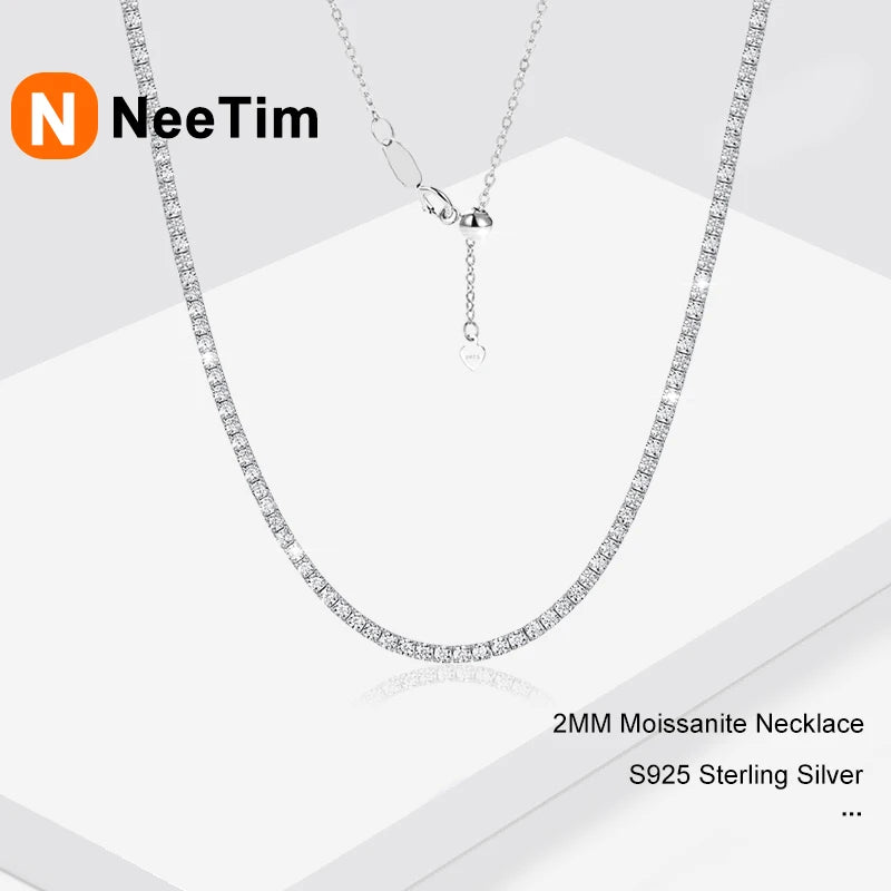 Collar de tenis NeeTim de 2 mm D color, todo de moissanita para mujer, cadena gargantilla ajustable de plata de ley 925 con joyas chapadas en oro
