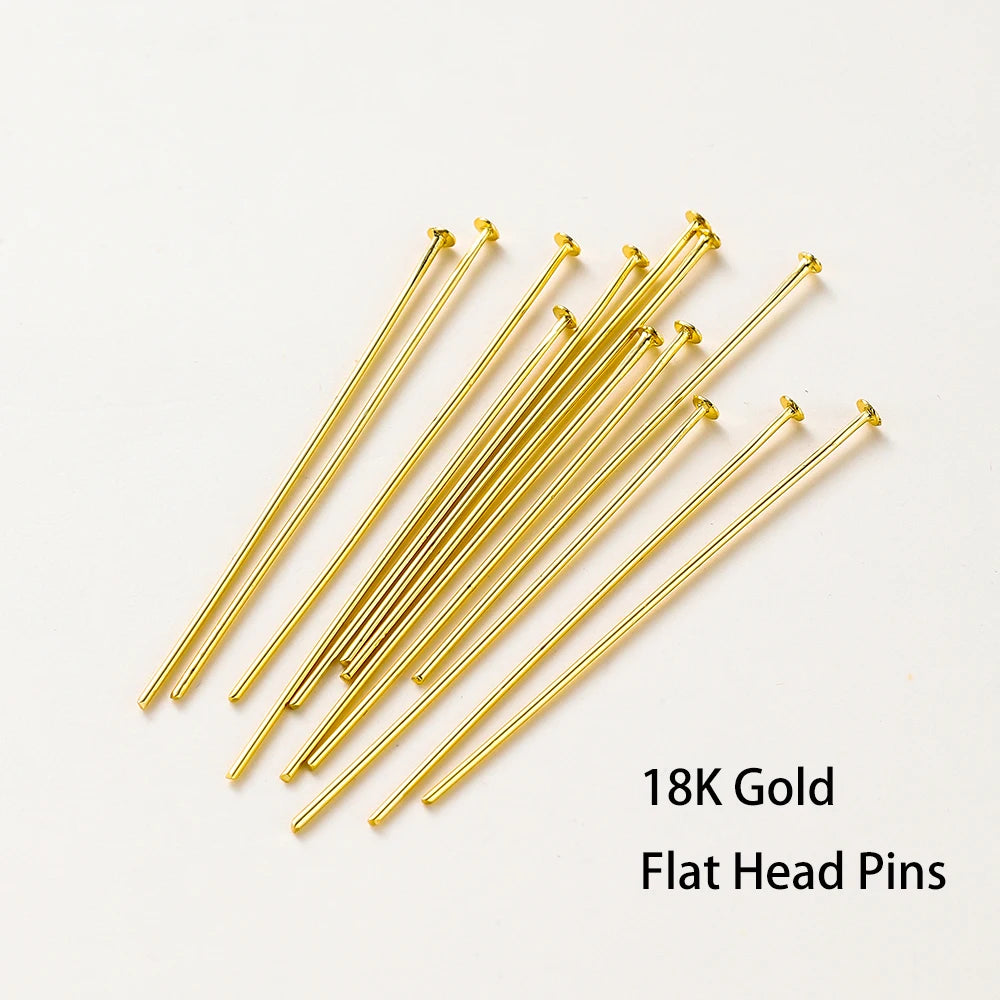 100 unidades/lote de 16-50 mm chapados en oro de 14K y 18K, alfileres de cabeza redonda para hacer joyas, accesorios de latón, metal, alfileres de cabeza plana y de ojal