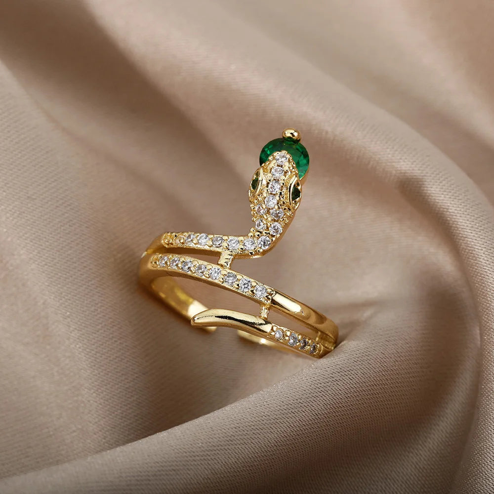 Edelstahl Schlangenringe für Damen Herren Goldfarben Offen Verstellbar Zirkon Ring Vintage Gothic Ästhetischer Schmuck anillos mujer