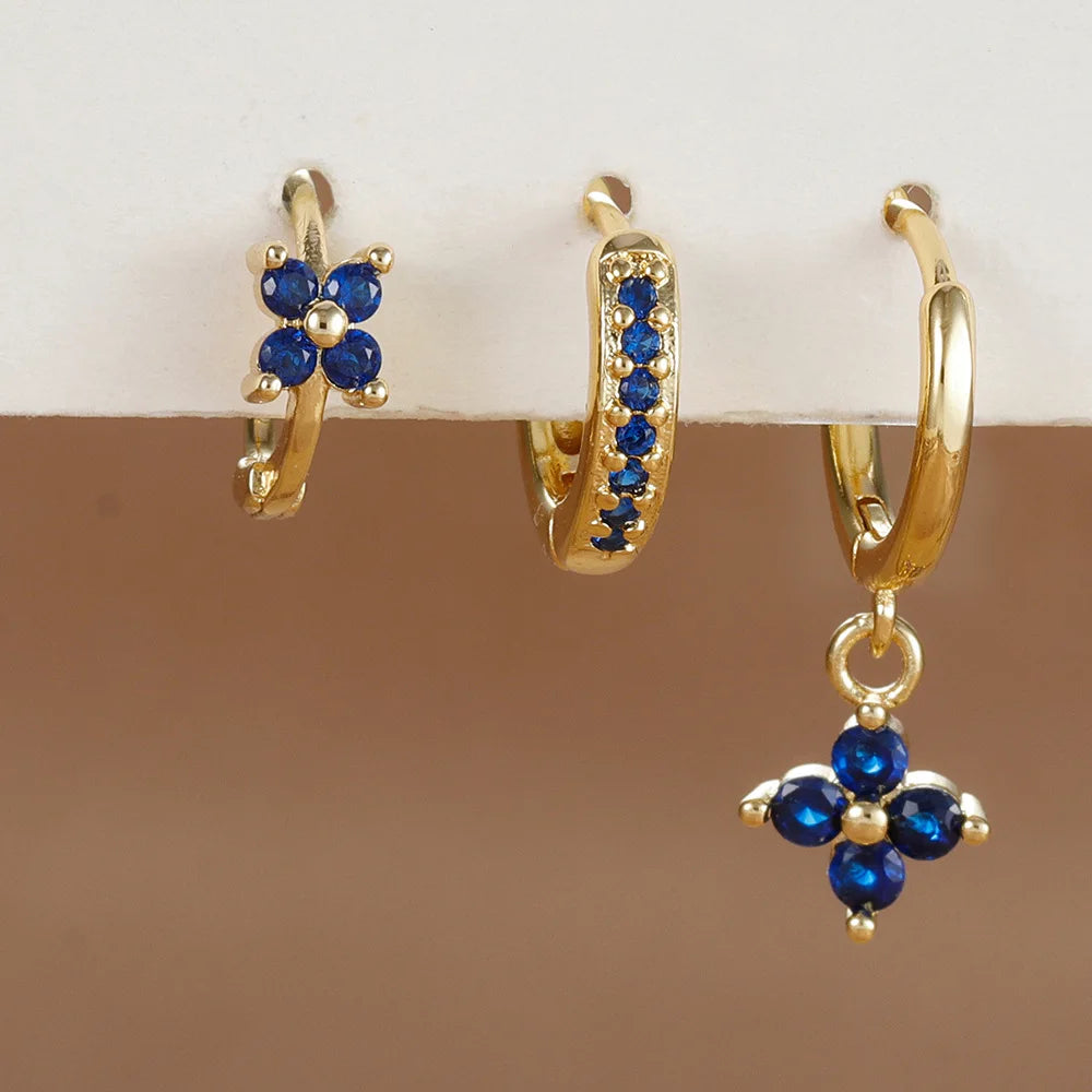 3 Paar modische orange-blaue Zirkon-Hängeohrringe für Damen, Edelstahl-Blumen-Baumelohrringe, Piercing-Schmuckset