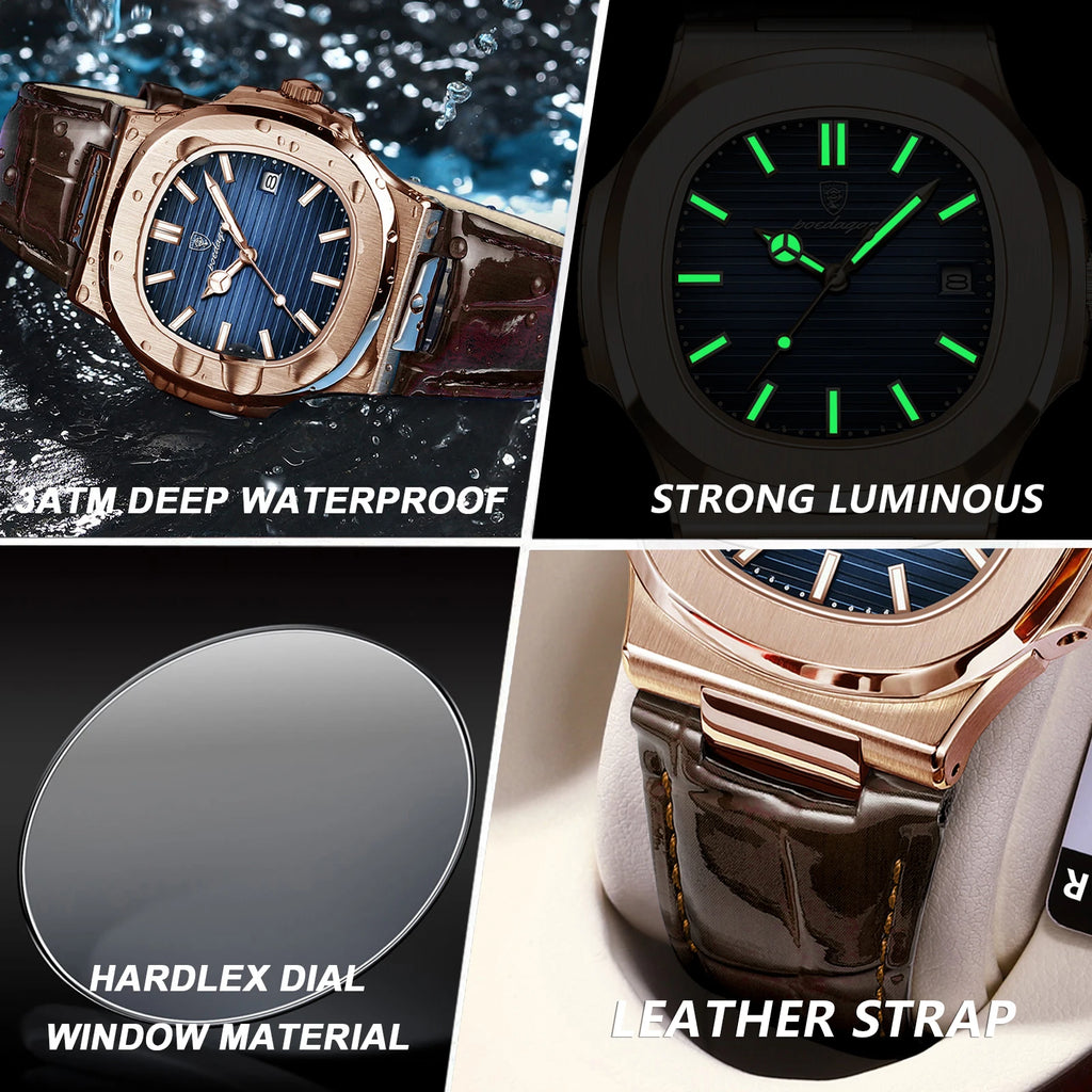 POEDAGAR Reloj de Cuarzo de Cuero para Hombre, a la Moda, Cuadrado, Impermeable, Luminoso, con Fecha, de Negocios, Casual, Reloj de Pulsera para Hombre