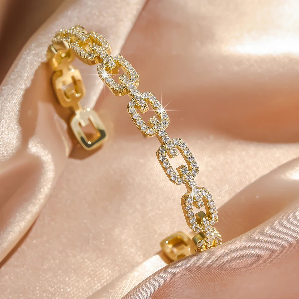 Yupsk Shiny Zircon Hollow Rectangle Link Cuff Bangle Bracelet for Women Luxury Wedding Party Jewelry Women's Gift