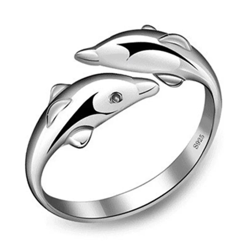 925 Sterling Silber Schmuck Offener Happy Doppel-Delfin-Liebesring für Frauen, Partygeschenk, Verstellbarer Ring, Anillos, Bague