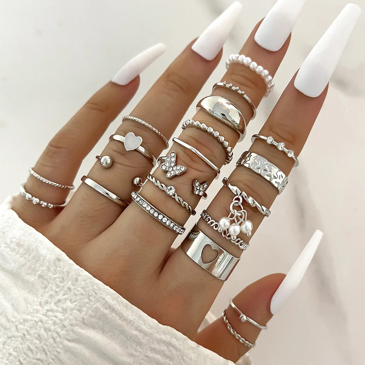 Mode Einfache Welle Gelenkringe Set für Frauen Kristall Herz Form Gold Silber Farbe Ring Weiblicher Party Schmuck