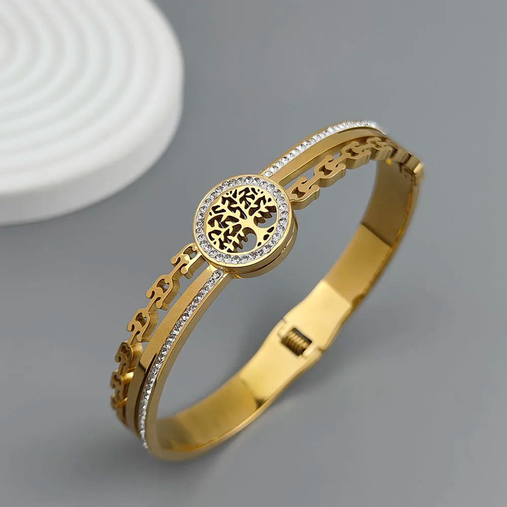 Neues Armband „Baum des Lebens“ mit Hufeisen-Zirkon, vergoldeter Edelstahl 18K, hochwertiges wasserdichtes Partnerarmband, Frauengeschenk