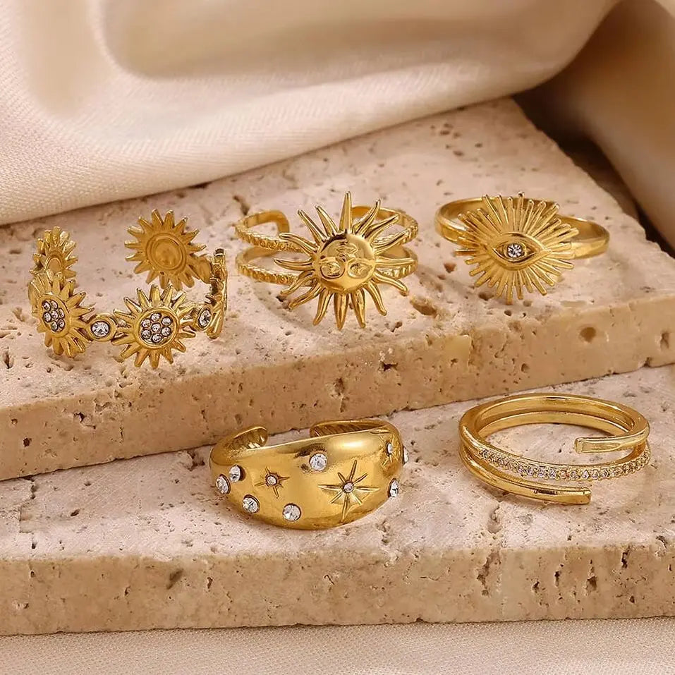 Edelstahl Kleine Zirkonringe für Frauen Exquisiter Goldfarbener Sonnen-Doppelring Punk Hip-Hop Accessoire Bague Schmuckgeschenk