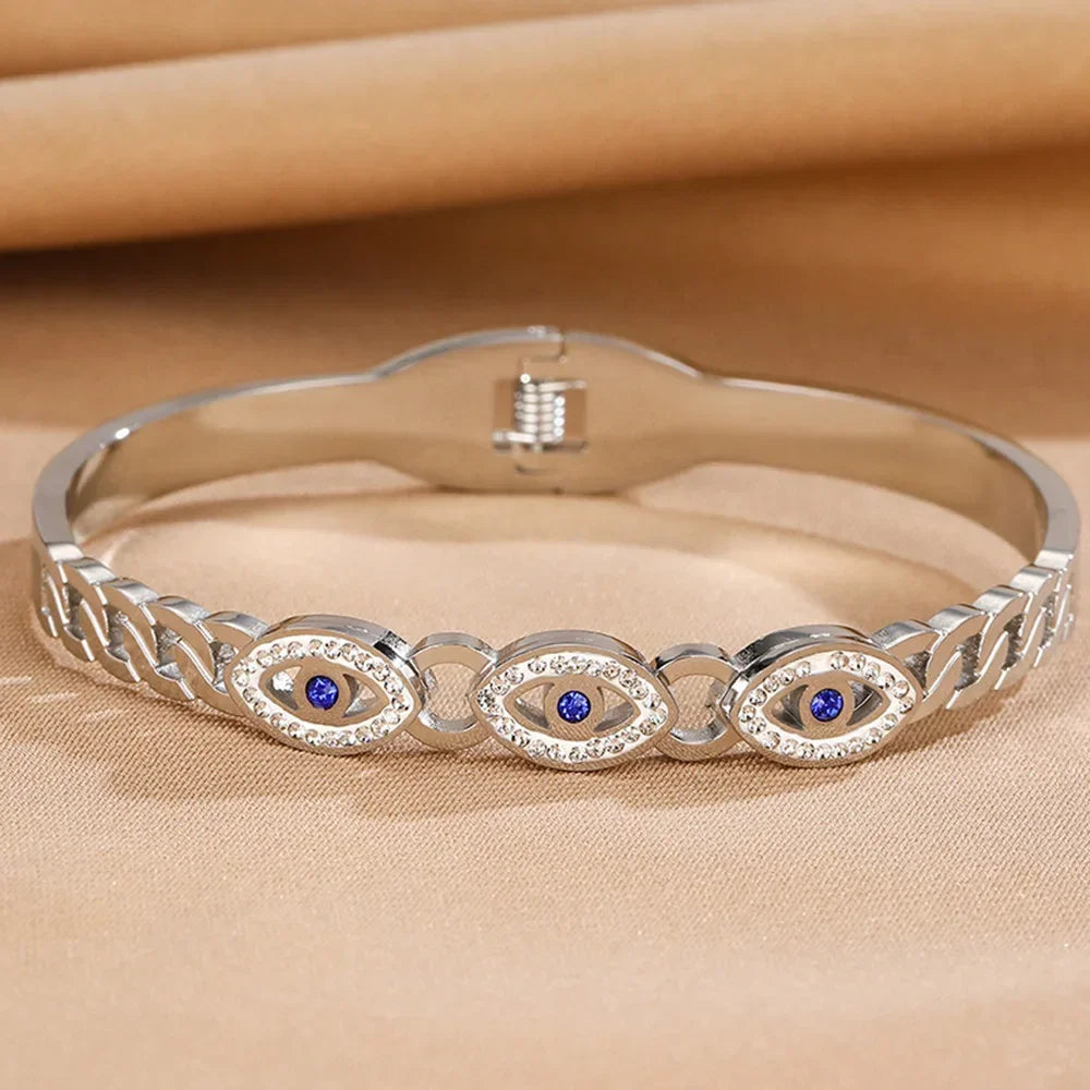 Mode Edelstahl Armband für Damen Herren Böser Blick Manschettenarmreifen Vergoldete Federverschluss Glücksbringer Schmuck Zubehör