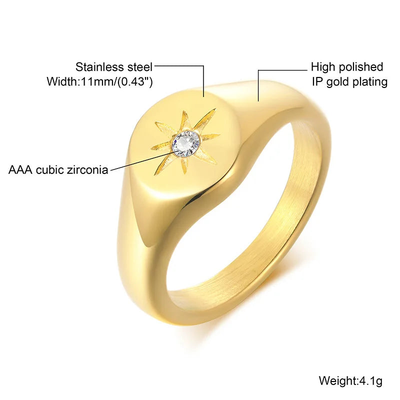 Anillo meñique de sello con sol de acero inoxidable, anillo con incrustaciones de circonita cúbica, chapado en oro, joyería de moda que no se deslustra
