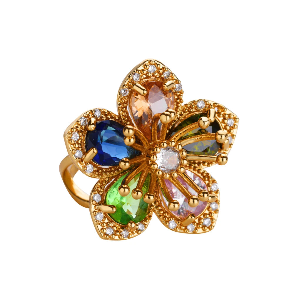 Luxuriöse bunte Zirkonia-Blumenringe für Damen, goldfarbener Edelstahl-Öffnungsring, modischer Hochzeitsparty-Ästhetik-Schmuck