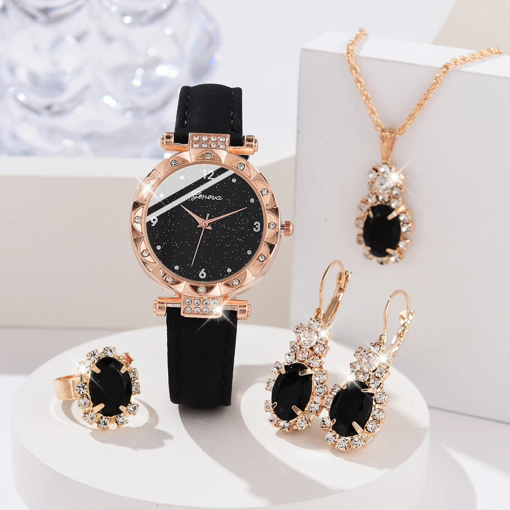 Damen Uhren 5-teiliges Set Luxus Strass Damen Mode Elegante Armbanduhr Quarzuhr für Mädchen Armbanduhr Armband Geschenk