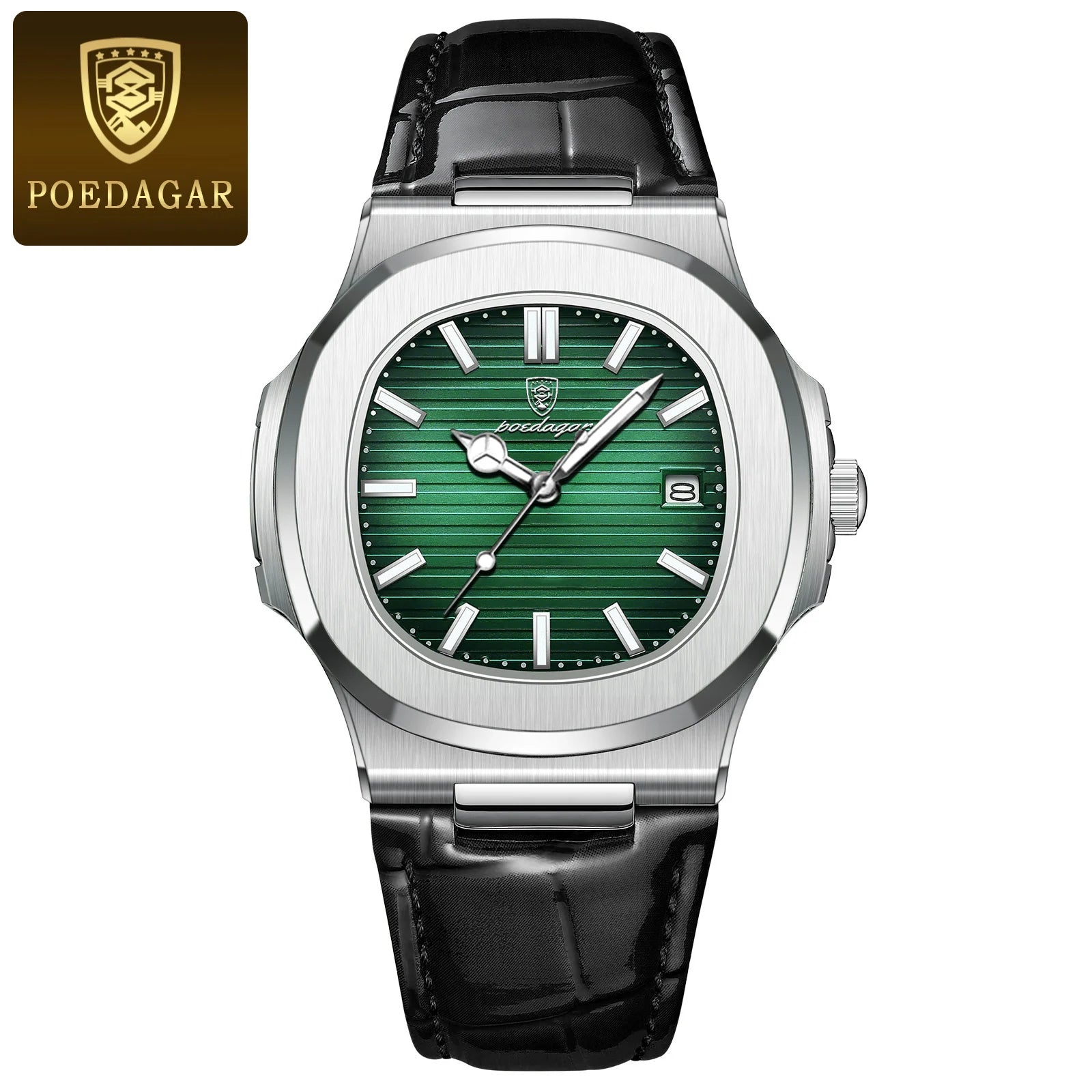 POEDAGAR Reloj de Cuarzo de Cuero para Hombre, a la Moda, Cuadrado, Impermeable, Luminoso, con Fecha, de Negocios, Casual, Reloj de Pulsera para Hombre