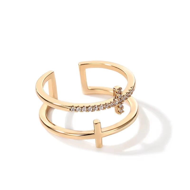 Anillo Abierto Doble Capa Cruzado para Mujer, Minimalista, Color Oro Plata, Ajustable, Joyería Femenina para Fiesta Boda