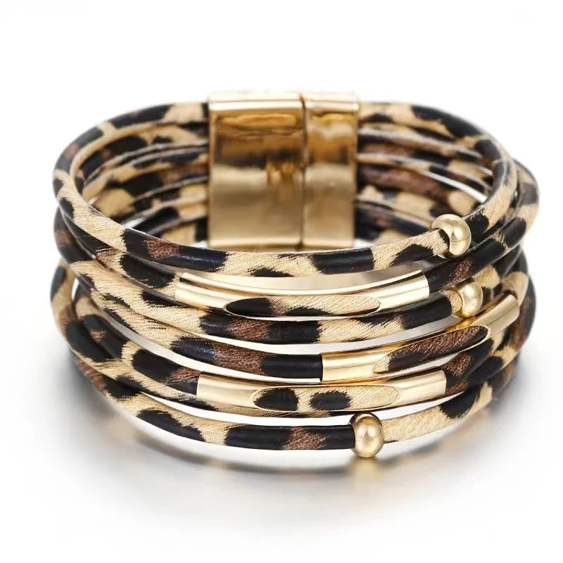 Vintage Metallröhre Leopard Leder Armband für Frauen Männer Boho Mehrschicht Wickel Breites Armband Anhänger Schmuck